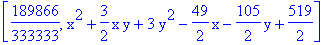 [189866/333333, x^2+3/2*x*y+3*y^2-49/2*x-105/2*y+519/2]